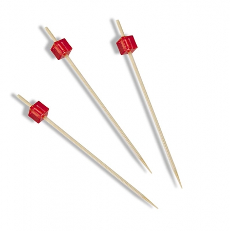 Holz-Spieße, mit transparentem roten Würfel, 9cm, 100 St