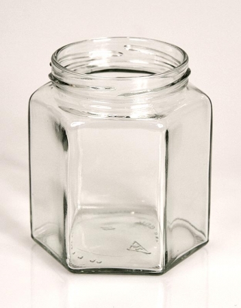 Glas, sechseckig, 390 ml, 70mm Mündung, ohne Deckel, 1 St