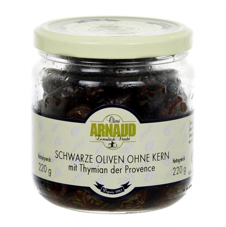 Schwarze Oliven, ohne Kern, mit Thymian, in Sonnenblumenöl, Arnaud, 220g