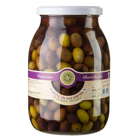 Oliven Mischung, grüne & schwarze Taggiasca-Oliven, mit Kern, in Lake, Venturino, 950g