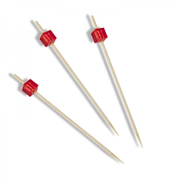 Holz-Spieße, mit transparentem roten Würfel, 9cm, 100 St