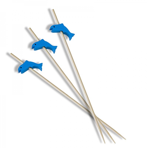 Holz-Spieße, mit blauem Delphin, 11,2cm, 100 St