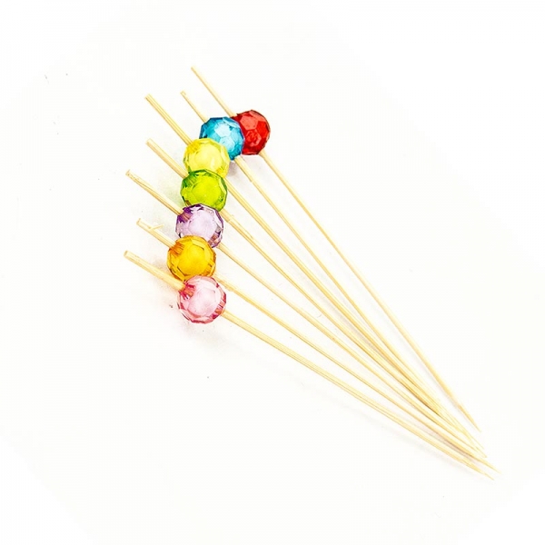 Bambus-Spieße "Pearl", 12cm, mit bunten, klaren, runden Perlen, 40 St