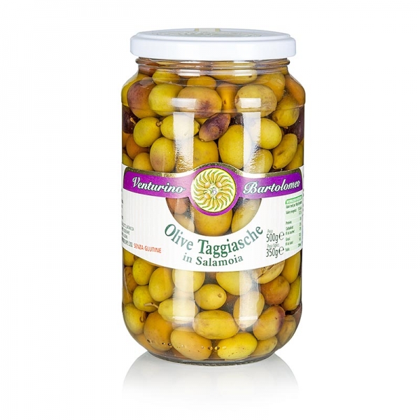 Oliven Mischung, grüne & schwarze Taggiasca-Oliven, mit Kern, in Lake, Venturino, 500g