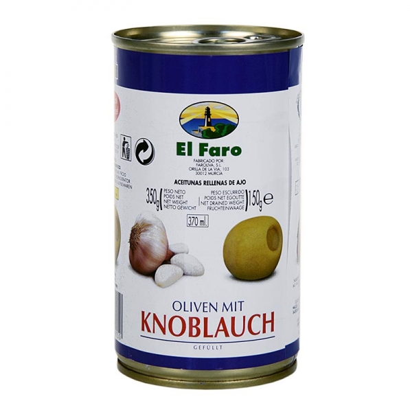 Grüne Oliven, mit Knoblauchpaste, in Lake, El Faro, 350g