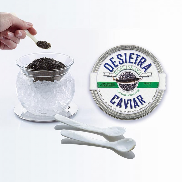Kaviar Set A, Baeriskaya ohne Konservierungsstoffe und mit Glaskaviarbowlenset, 125g, 6 tlg.