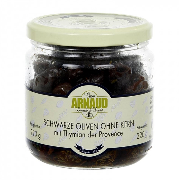 Schwarze Oliven, ohne Kern, mit Thymian, in Sonnenblumenöl, Arnaud, 220g
