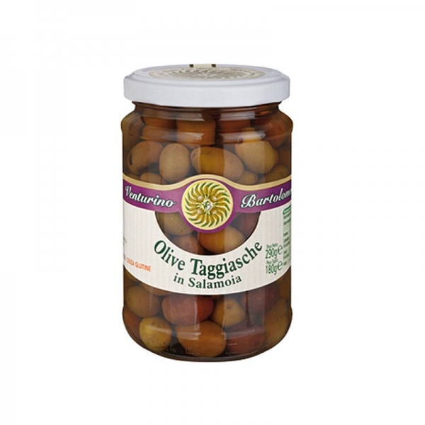 Oliven Mischung, grüne & schwarze Taggiasca-Oliven, mit Kern, in Lake, Venturino, 290g