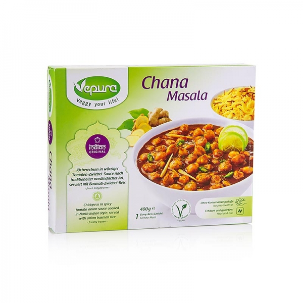 Chana Masala, Kichererbsen in Tomaten Zwiebel Sauce, Basmatireis, TK, 400g